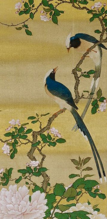 Detail. One of a pair of paintings, Japanese hanging scrolls. A pair of long-tailed birds, prunus blossom and peonies (right), a pair of white birds, cotton roses, gentians and chrysanthemums (left). Ink and colours and gold on silk. Maruyama Okyo (円山応挙).1764-1772. British Museum. Japanese Bird Painting, Maruyama Okyo, Pair Of Paintings, Asian Birds, Watercolour Bird, Japanese Bird, Japanese Watercolor, White Birds, Takashi Murakami