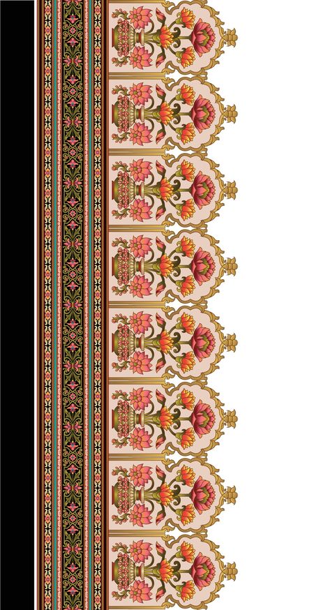 Textile Digital Prints, Indian Border Pattern, Mughal Embroidery Designs, Mughal Flower Border, Kalamkari Patterns Design, Kalamkari Borders Design, Indian Border Design, Border Design Textile, Mughal Art Motifs