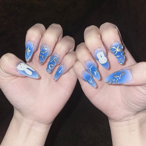 korean nails
miffy nails
miffy
bow nails
blush nails New Jean Nails, Blue Bunny Nails, New Jeans Inspired Nails, Newjeans Inspired Nails, Blue Blush Nails, New Jeans Nails Kpop, Miffy Inspired Nails, Newjeans Nail, Miffy Nails Aesthetic