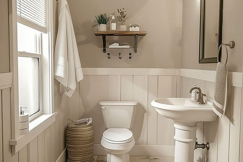 34 Cozy Neutral Bathroom Paint Colors for a Warm Atmosphere Sherwin Williams Half Bath Paint Colors, Taupe Paint Colors Bathroom, Cream Walls Bathroom, Board And Batten Bathroom Paint Colors, Grey Tile Bathroom Paint Color Schemes, White And Taupe Bathroom, Bathroom Neutral Paint Colors, No Window Bathroom Paint Colors, Bathroom Colors For Small Bathrooms