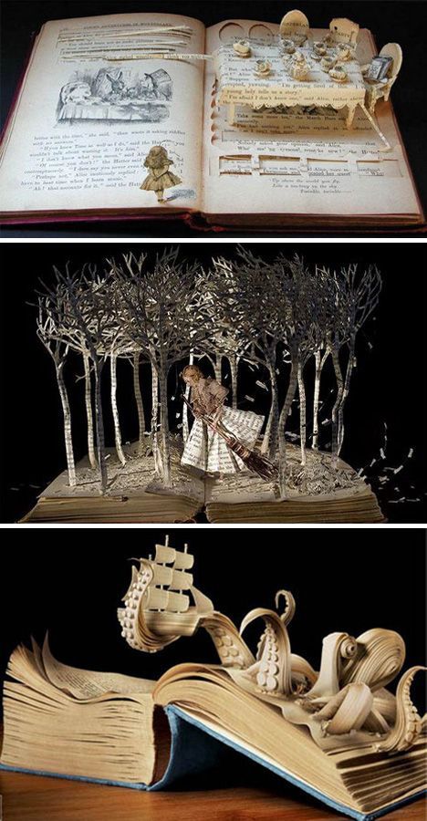 Su Blackwell likes to create entire scenes that captivate. Her use of light makes her work seem otherworldly. Su Blackwell, Book Sculpture, Wow Art, Kirigami, E Card, Paper Sculpture, Old Books, Altered Books, Pics Art