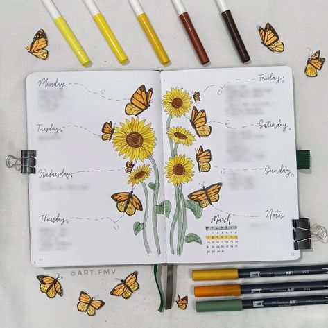 Sunflower Journal Page, Bujo Sun Theme, Bujo Sunflower Theme, Sunflower Journal Ideas, Sunflower Bullet Journal Theme, Bullet Journal August Theme, Bujo Flower Theme, Sunflower Bujo, Sunflower Doodles