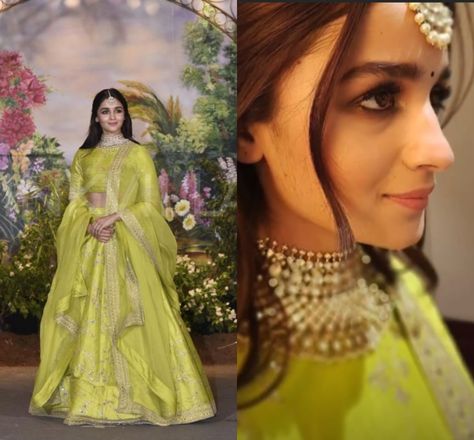 Alia Bhatt looked beautiful in a lime green Sabyasachi lehenga at Sonam Kapoor and Anand Ahuja’s wedding reception. Her look was completed with a statement Sabyasachi choker, maang tikka and simple makeup! Alia Bhatt Lime Green Lehenga, Lehenga Hairstyles With Maang Tikka, Makeup On Green Lehenga, Green Lehenga Makeup Look, Lehenga Makeup Look Simple, Alia Bhatt In Yellow, Hairstyles For Lehenga Simple, Maang Tikka Hairstyles, Alia Bhatt Lehenga