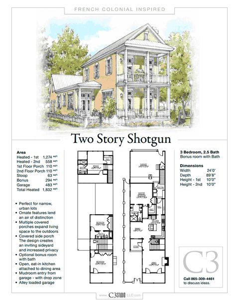 2 Story Shotgun House by C3 Studio LLC - French Colonial Inspired New Orleans House Plans, Charleston House Plans, Shotgun House Floor Plans, Shotgun House Plans, French House Plans, Narrow Lot House, Unique House Plans, Shotgun House, Colonial House Plans