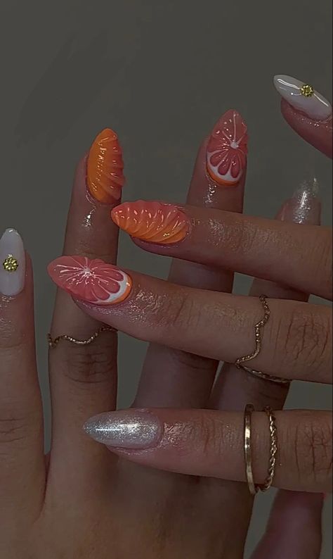 Mani Designs, Bohemian Nails, Fruit Nail Designs, Fruit Nails, 3d Nail Designs, Fruit Nail Art, Tropical Nails, Hippie Nails, Short Acrylic