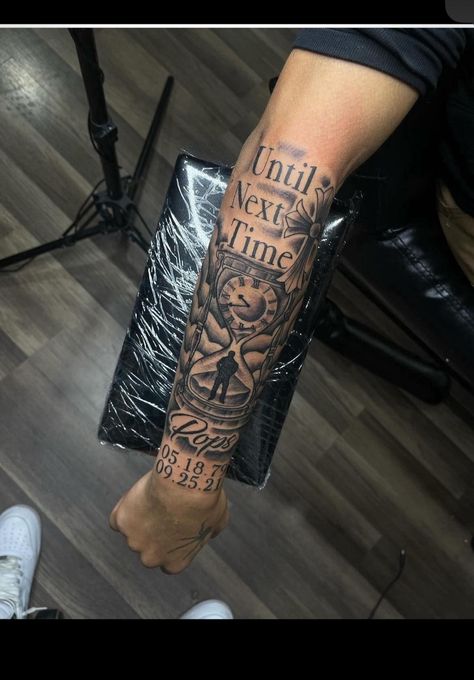 Time Piece Tattoo, Rip Tattoos For Mom, Memorial Tattoo Ideas, Arm Tattoos For Guys Forearm, Word Tattoo Ideas, Tattoo Font For Men, Tattoo Ideas Males, Forearm Tattoo Quotes, Half Sleeve Tattoos Forearm