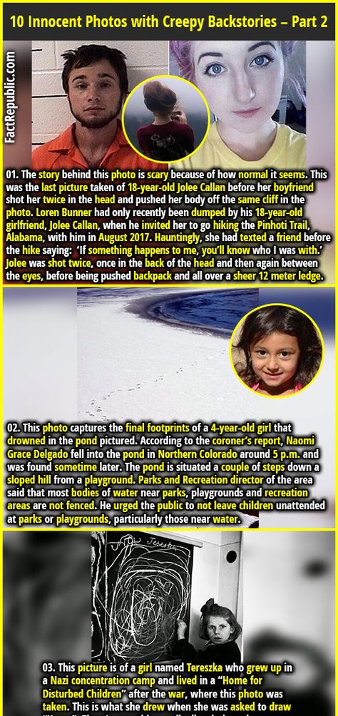 Photos only provide a single frame in the timeline of someone's life. A lot of pictures are intentionally shot creepy by the photographer. But really makes a photo creepy? Is it the photo itself or the bizarre story behind the photos? Today let's unravel 10 photos that look totally normal at first glance, but the story behind them is what will make your hair stand on end. Pictures With Disturbing Backstory, Factinate Stories, Intentionally Single, Unsolved Creepy Cases, Pinhoti Trail, True Creepy Stories, Elisa Lam, Creepy Historic Pictures, Memes Scary