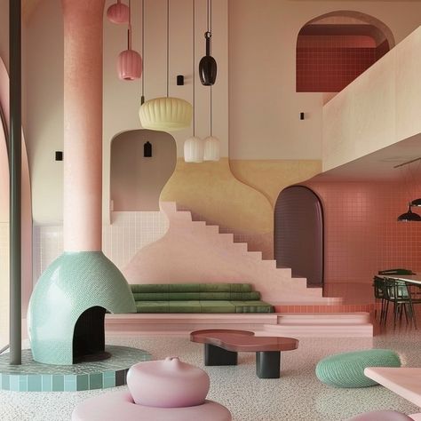 🌸✨ Explore the charm of pastel interiors where pink hues and modern elegance meet. From playful lighting to sleek fireplaces, these designs are full of inspiration! ✨🌸 Made by ai. #interiordesign #homedecor #pastelinteriors #modernliving #designinspiration #interiorai #midjourneyinterior Playful Interior Design, Post Modern Design, Pastel Interiors, Fireplace Interior, Pastel Interior Design, Sleek Fireplace, Pastel Interior, Interior Props, Colorful Interior Design