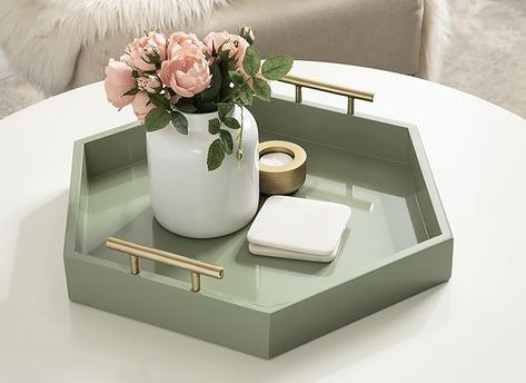 Amazon.com: Kate and Laurel Lipton Modern Hexagon Tray, 18 x 18, Sage Green with Gold Handles, Midcentury Decorative Serving Tray for Storage and Display in Living Room Decor Scheme : Everything Else Hexagon Tray, Entrance Console Table, Entrance Console, Makeup Tray, Accent Tray, Serving Tray Decor, Gray Mirror, White Mirror, Blue Mirrors