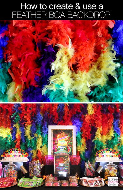 {RAINBOW WEEK} How to Create and Use this RAINBOW Feather Boa Backdrop! Rio Party, Homecoming Decorations, September Themes, Feather Boas, Carnival Decorations, Carnival Themed Party, Rio Carnival, Carnival Birthday Parties