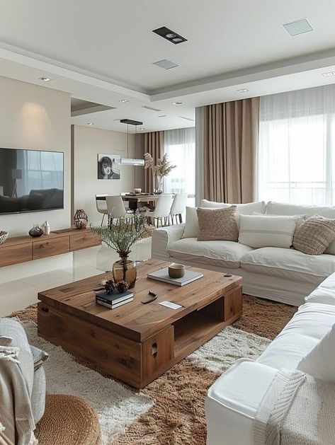 Off White And Brown Living Room, White Carpet Living Room Ideas, White And Brown House Decor, White Brown Gold Living Room, White And Brown House Interior, Cream And Wood Living Room Ideas, Modern Rustic Small Living Room, Brown And White Living Room Ideas, White And Brown Furniture Mixing