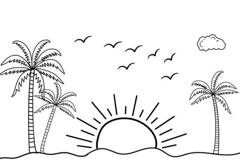 Summer sunset tropical beach line art vector illustration, hand drawn sunset and sunrise outline landscape tropical beach, palm tree with sunset waves Nature view, Kids drawing Beach coloring pages Beach Line Art, Wave Outline, Sunset Drawing, Palm Tree Drawing, Sunset Tropical, Coloring Pages Nature, Beach Coloring Pages, Summer Drawings, Art Vector Illustration