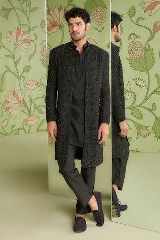 Buy Black Poly Blend Suiting Fabric Embroidered Open Jacket And Kurta Set For Men by Varun Chakkilam Online at Aza Fashions. Kurta With Long Jacket For Men, Fancy Kurta For Men, Mens Long Jacket, Short Kurta For Men, Indian Wedding Clothes For Men, Kurta Pajama Men, Overcoat Men, Kurta Set For Men, Sherwani For Men