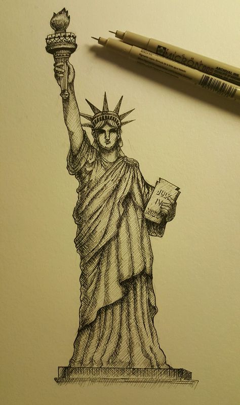 Drawing Of A Statue, Drawings Of Statues, Statue Of Liberty Drawing Sketch, Cross Hatching Art, Easy Architecture Sketch, London Art Drawing, Statue Of Liberty Art, Statue Of Liberty Drawing, Statue Drawing