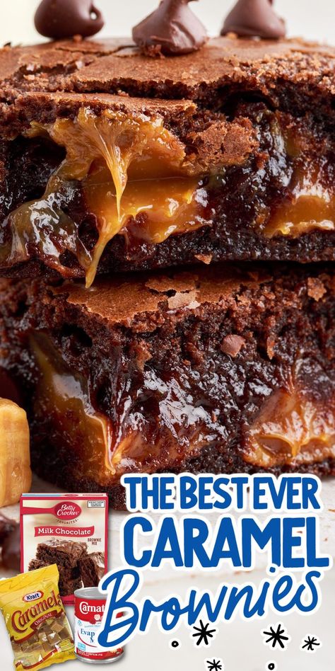 two caramel brownies stacked on each other plus the ingredients beside it Best Caramel Brownie Recipe, Oreo Caramel Brownies, Easy Salted Caramel Brownies, Gooey Caramel Brownies, Brownie Recipes Caramel, Caramel Pecan Brownies Recipe, Brownie Recipes With Caramel, Desserts With Chocolate And Caramel, Box Brownies With Caramel