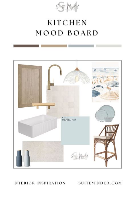 With timber cabinets, pale blue walls, and white zellige tiles, it's the perfect mix of coastal charm and modern style. Brass gold hardware and rattan stools add just the right pop of character to the space!

Design tip: for a calm, coastal vibe, pair warm wood tones with soft neutrals and subtle accents of blue or green. Choose textured materials like zellige tiles and natural fibres for a relaxed yet stylish look. Kitchen Coastal Style, Tips Interior Design, Coastal Style Home, Calm Coastal, Pale Blue Walls, Kitchen Coastal, Mood Board Interior, Rattan Stool, Zellige Tiles