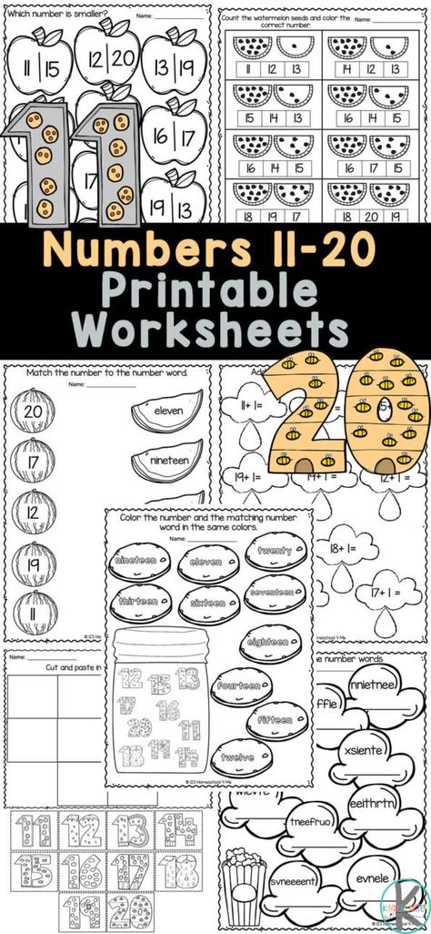 Numbers 11 20 Kindergarten, Numbers Practice Worksheets, Learning Numbers 11-20, Count To 20 Worksheets, Number Names 11 To 20 Worksheet, Counting To 20 Worksheets Free Printable, Counting 11-20 Worksheets, Number 11-20 Worksheets, Teen Numbers Activities