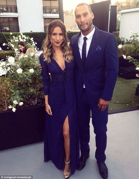 'How cute is my date?!' Renee Bargh looked elegant yet sexy in a full-length blue gown for her friends' wedding in LA last week with her AFL player beau Josh Gibson Navy Wedding Guest Outfit Men, Navy Blue Couple Outfits Wedding, Navy Blue Wedding Guest Outfit Couple, Navy Blue Couple Outfits Formal, Semi Formal Couple Outfits, Couple Wedding Outfits Guest, Blue Wedding Guest Outfits, Homecoming Couples Outfits, Black Wedding Guest Outfits