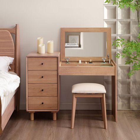 43.3" Modern Solid Wood Makeup Vanity with Jewelry Storage, Flip Up Mirror and Vanity Stool, Solid Wood Bedroom Furniture Sets Dressing Tables With Storage, Vanity With Flip Up Mirror, Vanity Ideas Storage, Bedroom With Vanity Ideas, Desk And Vanity In One, Wood Bedroom Furniture Sets, Wooden Makeup Vanity, Stool With Storage, Wood Makeup Vanity