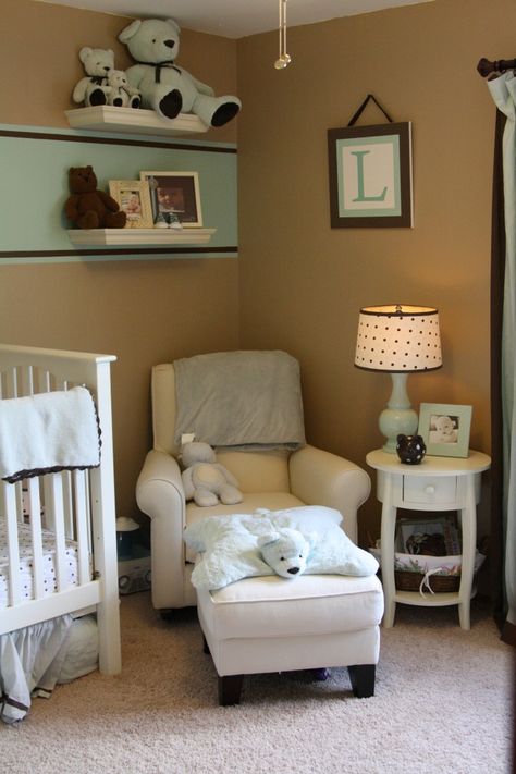 Hmmm. Could do this in the boys room. With the tan-ish color but do a darker blue Nursing Corner, Nursery Side Table, Princess Kids Room, Side Table Ideas, Diy Home Projects, Nursing Chair, Baby Room Neutral, Dream Nurseries, Corner Table