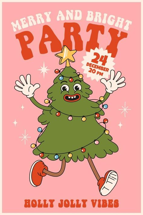 Merry Christmas and Happy New year. Christmas tree in trendy retro cartoon style. Christmas Advertising Design, Retro Cartoon Style, New Year Christmas Tree, Christmas Brochure, Christmas Advertising, Cartoon Christmas Tree, Christmas Graphic Design, Holiday Cartoon, New Year Illustration