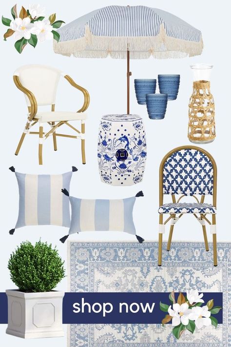 Grand millennial outdoor patio blue and white Coastal Outdoor Patio, Coastal Patio Ideas, Blue Patio Decor, Grand Millennial Home, Poolside Decor, Grand Millennial Style, Coastal Patio, Amazon Home Finds, Blue Patio