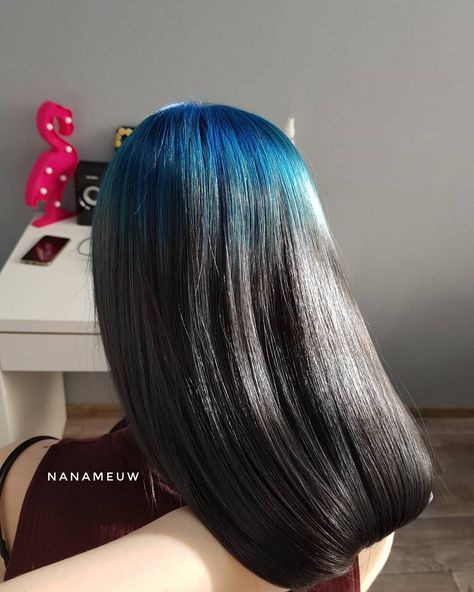 We are obsessed with the colored root trend right now! Would you try it? Stunning blue root to black by @nanameuw #lunartides #hairdye #billieeilish Colored Roots Dark Hair, Blue Roots With Black Hair, Colorful Roots Black Hair, Blue To Black Hair, Colorful Roots Dark Hair, Dark Root Blue Hair, Coloured Roots On Black Hair, Root Hair Dye, Black Hair With Blue Roots