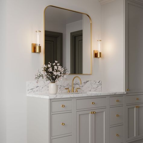 Home inspo • Instagram Bathroom Sconces Spa, Single Vanity Master Bath Mirror, Mirror With Sconces Above, Wall Mirrors With Sconces, Square Mirror With Sconces, Bathroom Mirrors With Sconces In Them, Bathroom Sconces Lighting Above Mirror, Powder Bath Sconces, Bathroom Mirror With Two Sconces