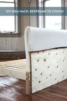 Turn in an expensive bed frame into a comfy cool couch. This would be a great weekend DIY to try! Ikea Bed Hack, Ikea Desk Hack, Diy Daybed, Diy Furniture Cheap, Ikea Couch, Diy Living Room Furniture, Cool Couches, Couch Upholstery, Diy Furniture Redo