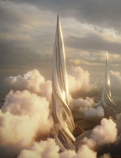 Futuristic Tower, Skyscraper Concept, Futuristic Nature, Towers Architecture, Futuristic Skyscraper, Futuristic City Utopia, Futurism Architecture, Futuristic Skyline, Skyscraper Design