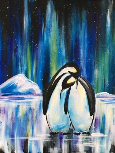 Penguin Couple Painting, How To Paint A Penguin, January Painting Ideas Canvases, Penguin Painting Acrylic Easy, Christmas Penguin Painting, Penguin Painting Easy, Penguin Canvas Painting, Penguin Painting Acrylic, Penguin Paintings