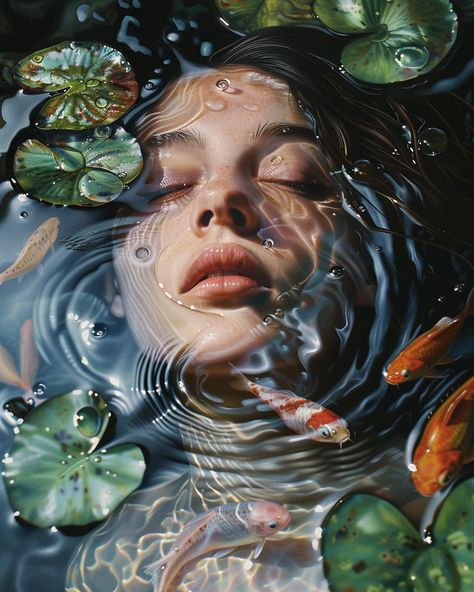 #WaterNymph #Hyper-realistic #Fish #LilyPads #AnnickBouvattier #PaintingStyle #4:5 #TheCandie Woman In Water, Mujeres Tattoo, Water Nymph, Inspirational Digital Art, Hyper Realistic Paintings, Water Nymphs, Water Energy, Water Photography, Water Art