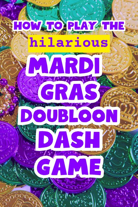 Mardi Gras Party Game Doubloon Dash With Mardi Gras Coins - fun Mardi Gras activity for kids and adults for Mardi Gras party! Funny Fat Tuesday Game to add to your Mardi Gras theme party! #mardigras #mardigrasgames #partygames #groupgame Masquerade Party Games For Adults, Mardi Gras Games For Adults, Mardi Gras Games For Kids, Mardi Gras For Kids, Mardi Gras Activities For Kids, Mardi Gras Party Games, Mardi Gras Games, Mardi Gras Theme Party, Mardi Gras Themed Party