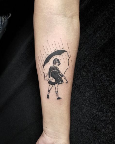 Umbrella And Rain Tattoo, Rain Tattoo Ideas, Rain Tattoo, Umbrella Tattoo, Girl In Rain, Gray Tattoo, Tiny Tats, Standing In The Rain, Umbrella Girl