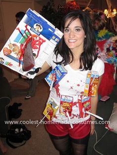 Homemade Cereal Killer Costume: I liked the idea of a cereal killer and wanted to make it cute so I looked online and saw that fake blood along with mini cereal boxes seemed to be the Cereal Killer Halloween Costume, Cereal Killer Costume, Diy Voodoo Doll Costume, Cereal Killer Halloween, Killer Costume, Pun Costumes, Boxing Halloween Costume, Homemade Cereal, Lego Costume