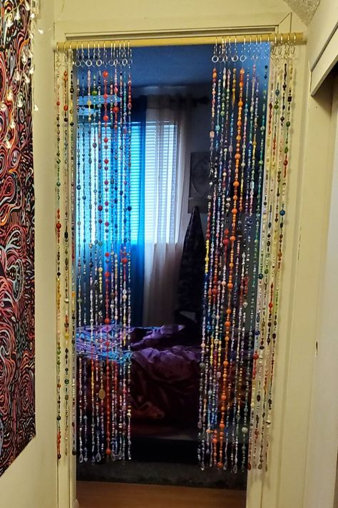 My beaded curtain! Curtain Closet Door Ideas, Bead Door Curtain Diy, Curtain Closet Door, Beaded Curtains Diy, Curtain Closet, Door Curtains Diy, Closet Door Ideas, Beaded Curtains Doorway, Beaded Door Curtains