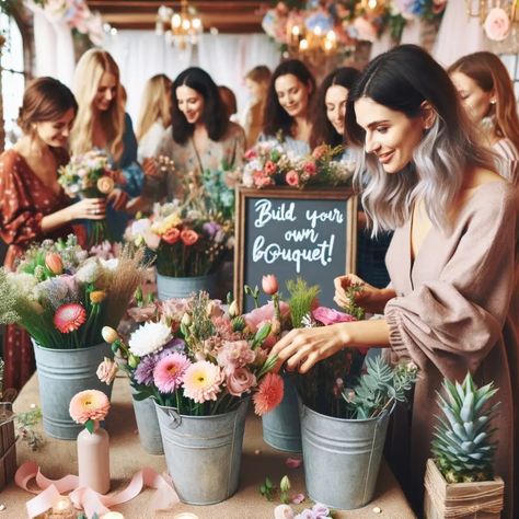 Pavilion Bridal Shower Ideas, Bouquet Bar Build Your Own Bridal Shower, Bouquet Party Ideas, Galentines Party Flower Bar, Bridal Shower Make Your Own Bouquet, Bouquet Bar Bridal Shower Theme, Bridal Shower Build Your Own Bouquet, Flower Cart Bridal Shower Ideas, Bridal Shower Flower Bar Ideas