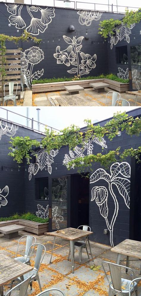 Murals For Garden Walls, Garden Painted Wall, Outdoor Garden Mural Wall, Exterior Art Wall, Outside House Mural, Garden Walls Painted, Backyard Painted Wall, House Wall Mural Ideas, Yard Wall Painting Ideas