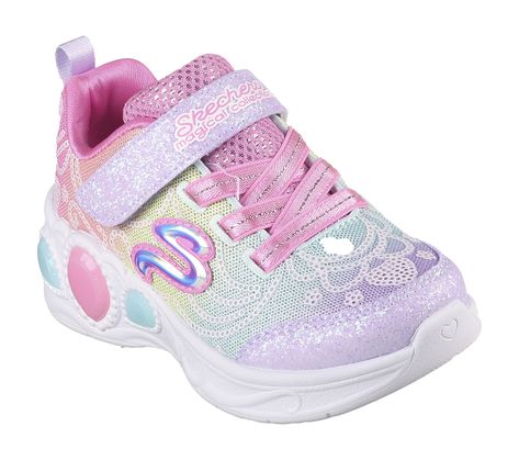 Light up your steps with royally cute style in Skechers S-Lights Princess Wishes. This sporty Magical Collection themed design features a glittery mesh and sequin embellished upper with stretch laces, adjustable instep strap, cushioned comfort insole, and a light-up midsole. | Skechers Girl's Princess Wishes Sneaker | Medium Width | From Skechers' thematic Magical Collection | Step-activated light-up midsole | Toddler sizes do not include on/off button | Cushioned comfort insole | Wand is included as a gift with purchase | Glittery mesh and sequin embellished upper | Satiny stretch-laces and adjustable instep strap | Supportive shock-absorbing midsole | Flexible traction outsole | Skechers Magical Collection Untamed Heart, Infinite Heart, Light Girls, Heart Shoes, Heart Lights, Bright Fashion, Lit Shoes, Sporty Sneakers, Fabric Shoes