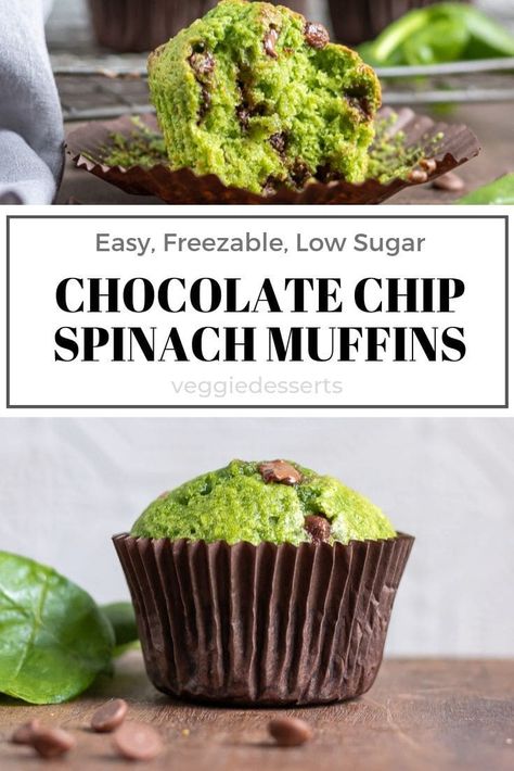 Sweet Spinach Muffins with chocolate are a tasty, easy hidden vegetable recipe! The whole family will love them. You can't taste the spinach but it makes them naturally bright green! Perfect for breakfast, lunch or dessert. #spinachmuffins #greenmuffins #hiddenveg #hiddenvegetables #healthykidsfood Spinach Banana Chocolate Chip Muffins, Sweet Spinach Muffins With Banana, Sweet Spinach Muffins, Spinach Oat Muffins, Spinach Baked Goods, Spinach And Avocado Recipes, Hidden Vegetable Muffins, Hidden Vegetable Desserts, Green Muffins Kids