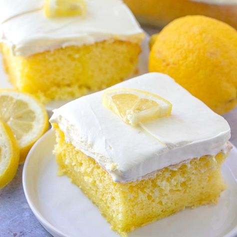 The Ultimate Lemon Poke Cake is made with lemon cake mix, lemon jell-o and topped with a delicious whipped lemon cream frosting! Lemon Dream Cake, Lemon Poke Cake, Poke Cake Lemon, Box Lemon Cake, Cake Mix Ingredients, Lemon Frosting, Cake Video, Lemon Cake Mixes, Lemon Dessert Recipes