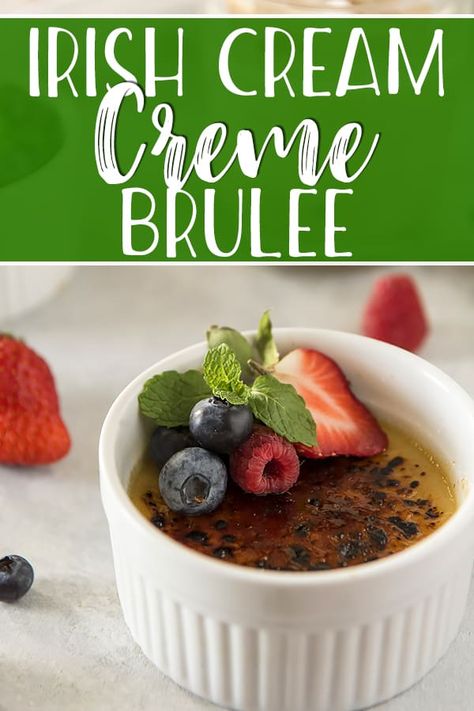 Using only five simple ingredients, this elegant Irish Cream Creme Brulee can be on your table tonight!  While the idea of caramelizing the sugar on top of this smooth custard with a blowtorch is entertaining, these lovely little desserts can be finished just as easily using your oven broiler. Irish Cream Desserts, Irish Dessert Recipes, Baileys Dessert, Cream Brulee, Creme Brulee Recipe, Brulee Recipe, Party Food Dessert, Boozy Desserts, Romantic Meals