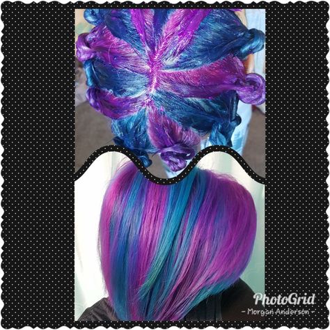 Block Colour Hair, Hair Dye Techniques, Pinwheel Hair Color, Hair Color Placement, Blue And Pink Hair, Vivid Hair Color, Rainbow Hair Color, Creative Hair Color, Multi Colored Hair