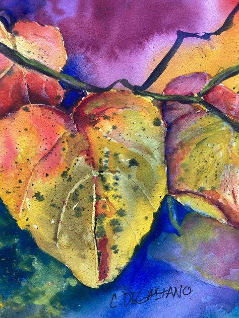 Fall Leaves is an original watercolor painting not a print. It measures 10" tall x 8" wide. It will fit in a standard size 14" x 11" mat and frame. It does not come with a mat or frame. I painted it with the richest yellows , pinks, greens and blues .For a small painting it creates a large impact of color. All of my watercolor paintings are painted with Professional paint on 100% cotton acid free watercolor paper. It will ship FREE within 3-5 days USPS  after completed payment  See more of my original art @  CarlottaArt.etsy.com Paint On Leaves, Painting On Magnolia Leaves, September Watercolor, Fall Art Work, Watercolor Art Projects, Autumn Leaves Watercolor, Fall Leaves Art, Watercolor Fall Paintings, Painting Leaves