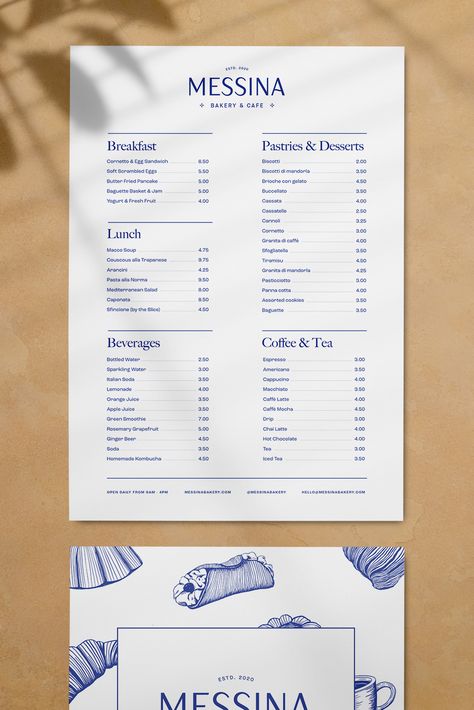 Menu Design for Messina Bakery & Cafe #branding #identity #hospitality #print Cafe Bakery Menu Ideas, Outside Menu Board Restaurant, Cafe Portfolio Design, Bar Menu Card Design, Coffee Menu Graphic Design, Menu For Bakery, Take Out Menu Design, Cute Cafe Menu Design, Menu Bakery Design