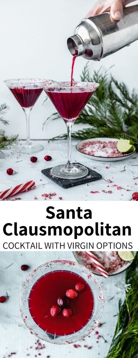 Holiday Cosmopolitan Drink, Santa Cosmopolitan Christmas Cocktails, Candy Cane Rimmed Drink, Holiday Cosmopolitan, Santa Cosmopolitan, Crantini Recipe Cocktails, Christmas Cosmopolitan Holiday Cocktails, Christmas Cosmopolitan, Christmas Cosmo