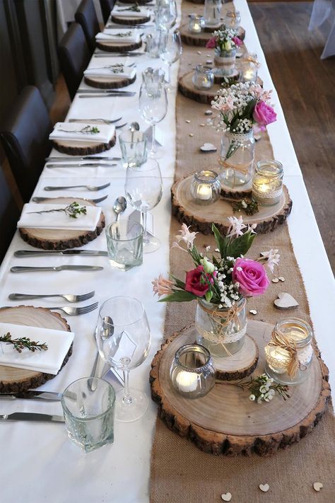 Looking for a more natural wedding theme, our log slices and hessian runners would be perfect Wood Slices Table Decor, Log Centerpieces Wedding Wood Slices, Tree Slabs Wedding, Log Decorations Wedding, Wood Log Centerpieces Wedding, Wooden Logs Decor, Wooden Table Decor Wedding, Log Slice Centerpiece Wedding, Wood Plate Decor