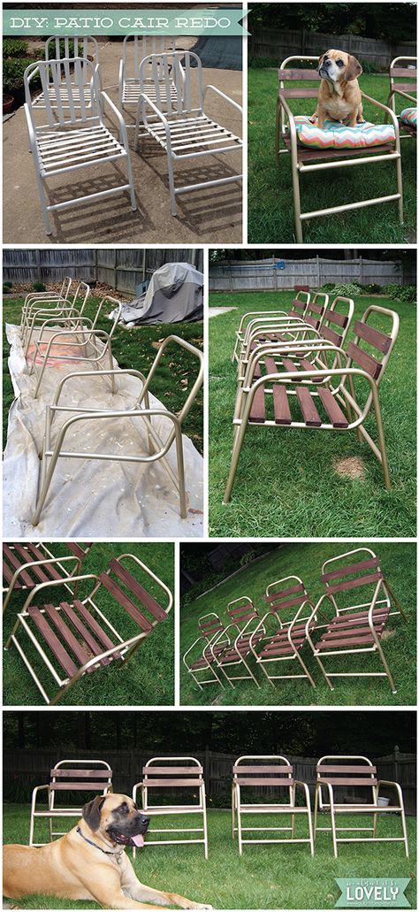 Wouldn't it be Lovely: DIY: Patio Chair Before & After Repurposed Patio Furniture, Yard Chairs, Diy Patio Chair, Patio Chairs Makeover, Patio Furniture Makeover, Chair Redo, Chair Repair, Rustic Patio, Aluminum Patio Furniture