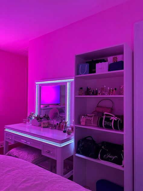 Makeup vanity with lights and Juicy Couture Bags Juicy Couture Room Aesthetic, Juicy Couture Room Ideas, Juicy Couture Bedroom, Juicy Couture Room, Aura Room, Juicy Couture Aesthetic, Makeup Vanity With Lights, Vanity With Lights, 2025 Goals