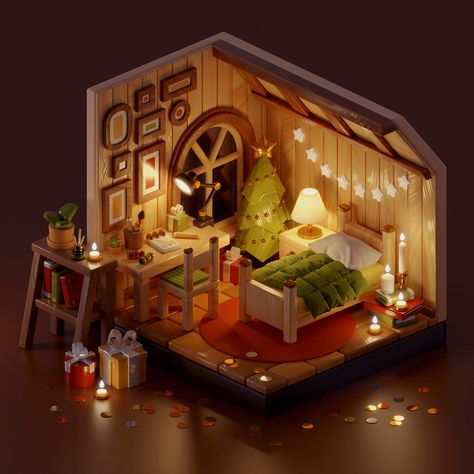 Bedroom With Wooden Furniture, Scene Room, Log Cabin Interior, 3d Isometric, 3d Scene, 3d Room, Bg Design, 3d Blender, Isometric Art